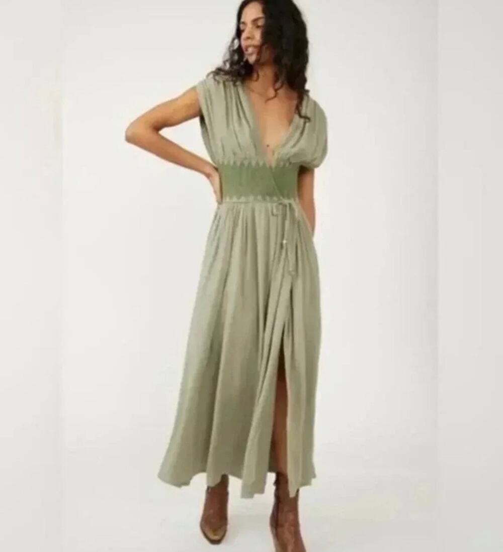 Free People Devon Maxi Dress Sage Green Smocked Gauze Boho Size L
